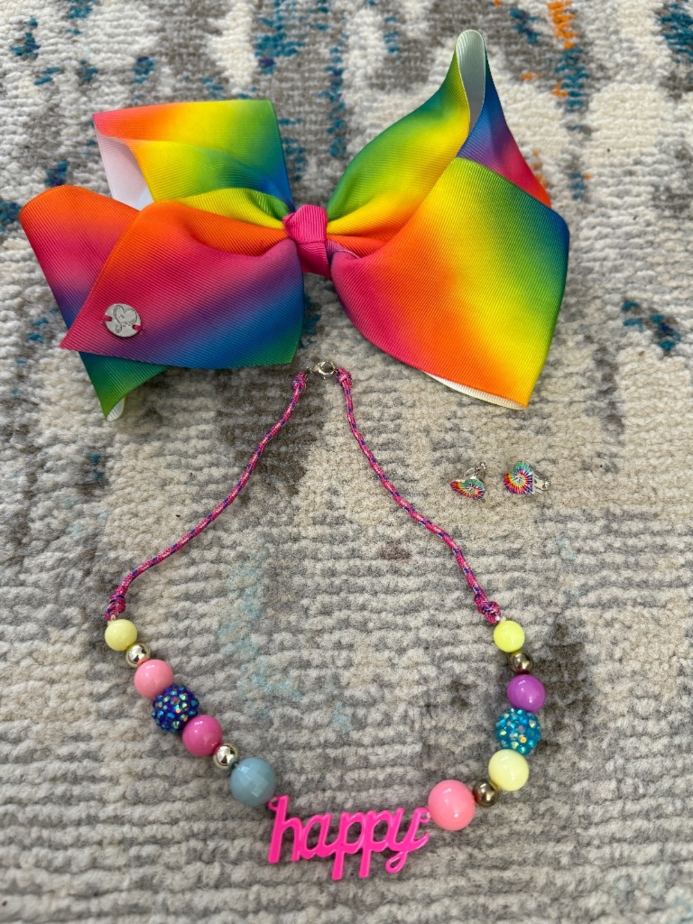 Lot of 3 girls accessories colorful hair bow necklace & clip on earrings rainbow